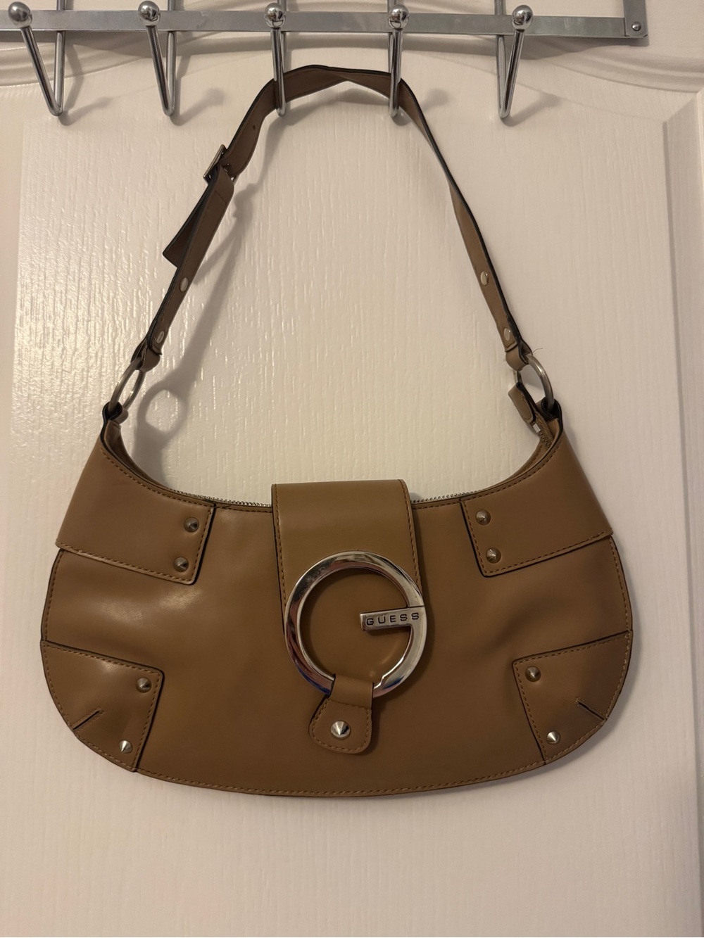 Guess Caramel Brown Shoulder Bag with Silver Ring Accent